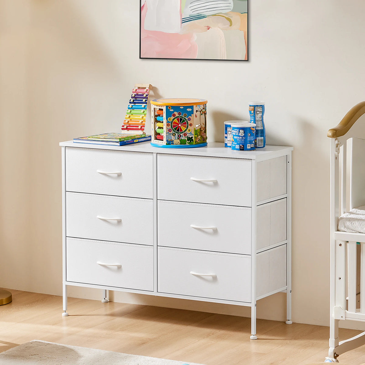 JHK 6 Fabric Drawers Nightstand For Bedroom Bedside Sofa Table With Storage Closet Chest Clothes Display Cabinet Furniture