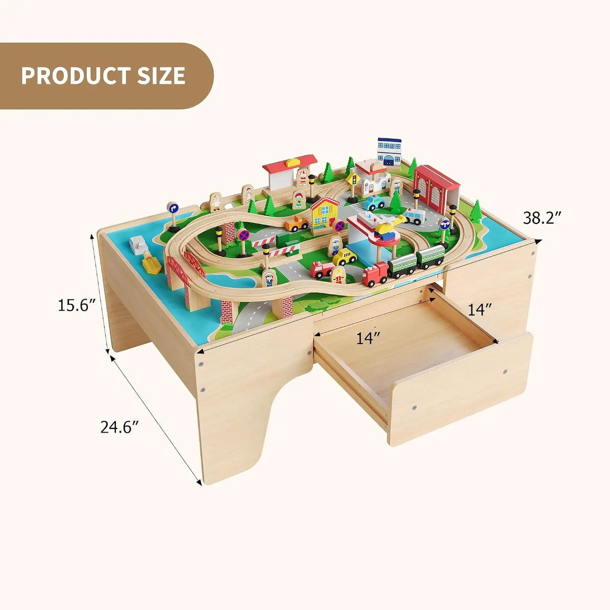 84Pcs/set Wooden Train Table Playset Multi Play Activity Table with Railway Tracks Toy Trains Bridges City Scenery & Large Storage Drawer & Natural Finish for Toddlers