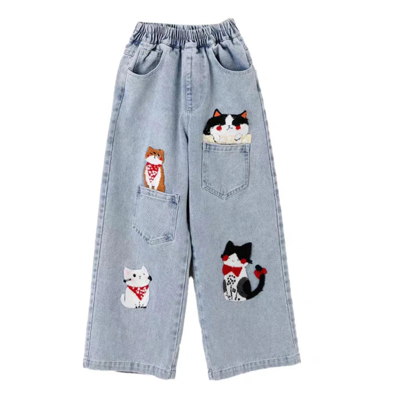 Girls Cute Cartoon Cat Embroidery Jeans 2026 New Arrival High Waist Wide Leg Baggy Denim Pants Kids Spring Autumn Casual Trouser