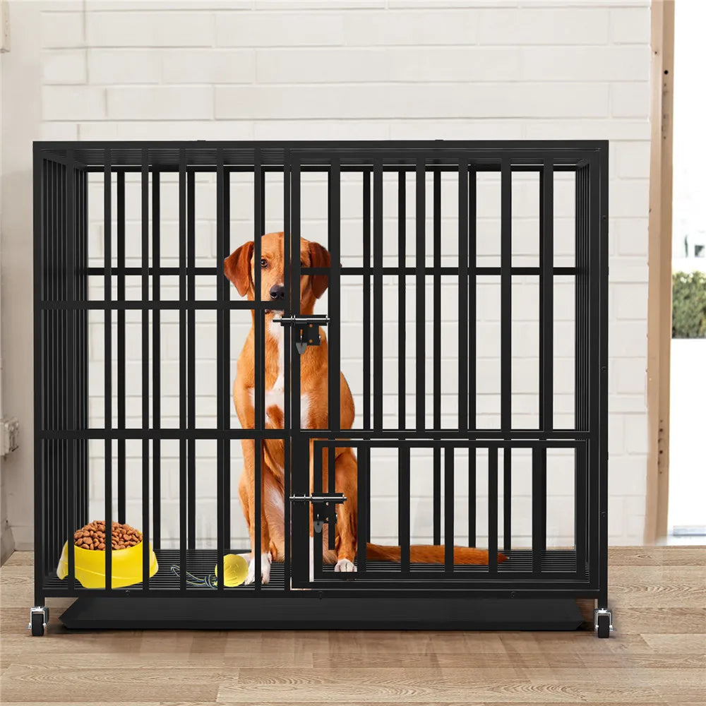 Bingopaw 37” 42” 46” Heavy Duty Dog Cage Metal Pet Dog Crate 3 Doors Locks Design Kennel Playpen with 4 Wheels Removable Tray
