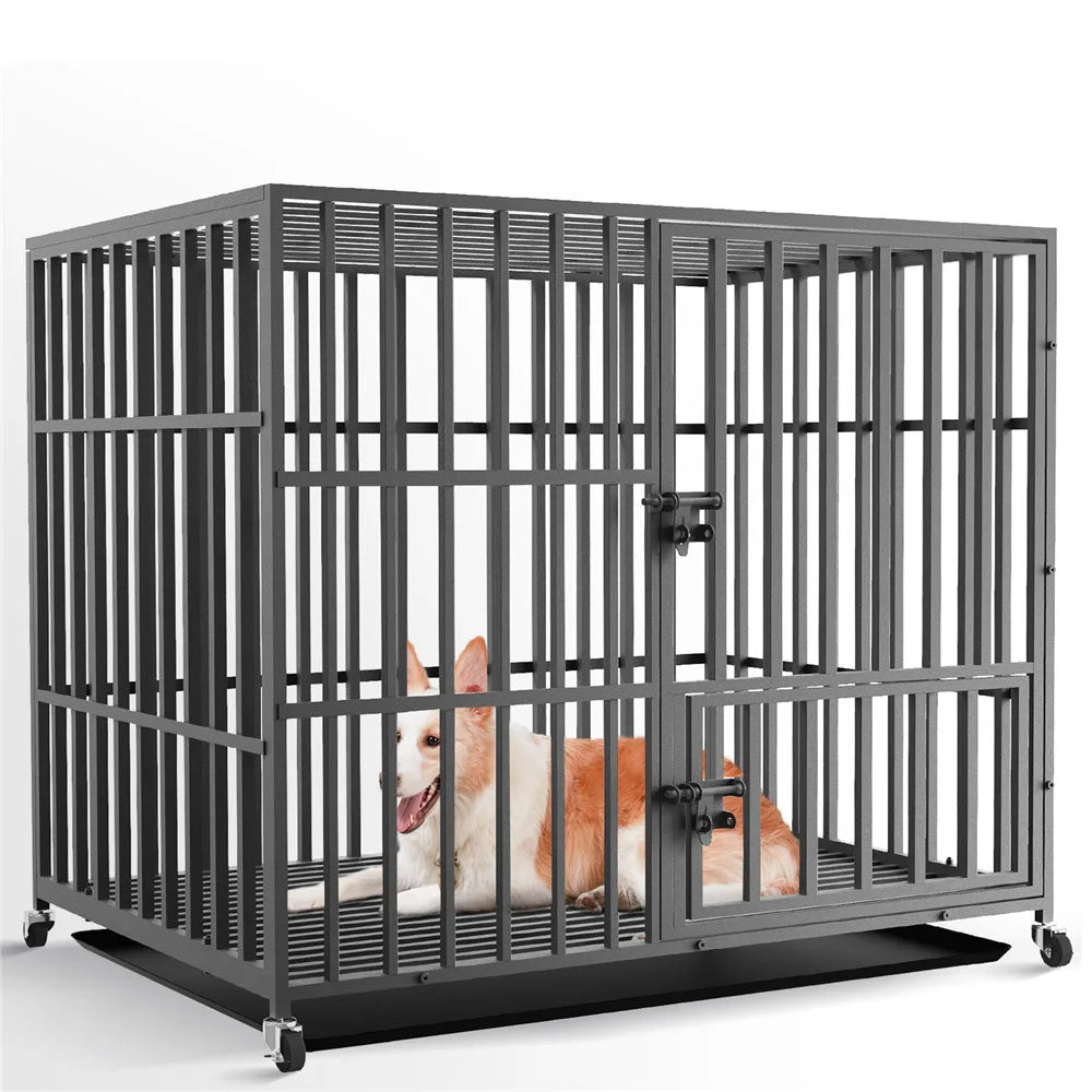 Bingopaw 37” 42” 46” Heavy Duty Dog Cage Metal Pet Dog Crate 3 Doors Locks Design Kennel Playpen with 4 Wheels Removable Tray