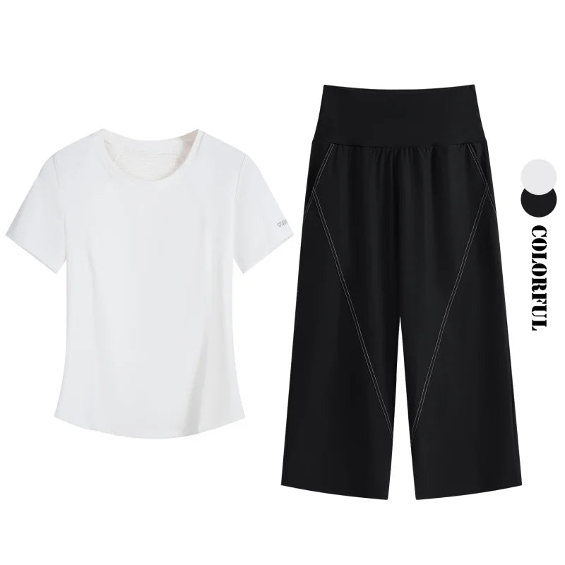DRUR Loose Fit Summer Yoga Set Women 2 Piece Lightweight Breathable Sport Shirts Sweatpants Suit 2pcs Sportswear Outfit Yogawear