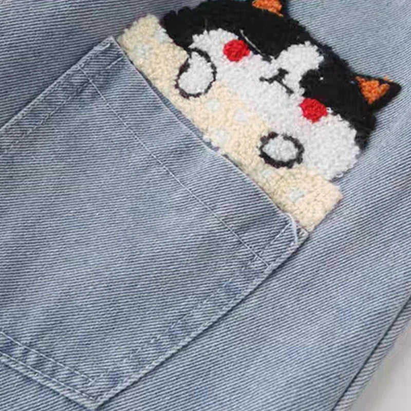 Girls Cute Cartoon Cat Embroidery Jeans 2026 New Arrival High Waist Wide Leg Baggy Denim Pants Kids Spring Autumn Casual Trouser