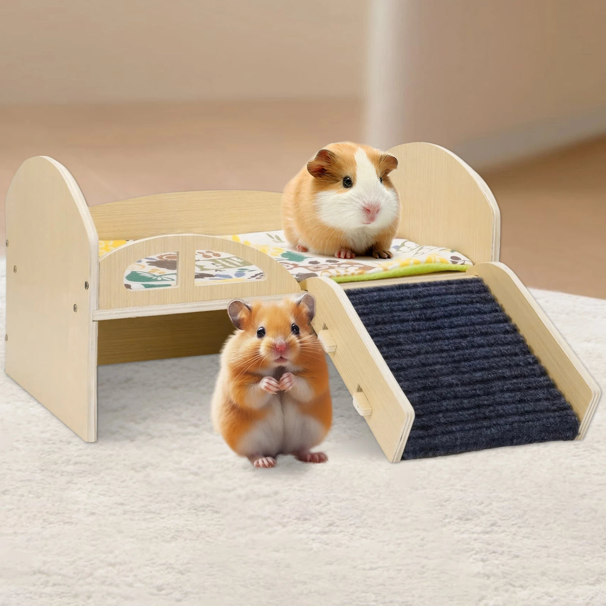 Guinea Pig Bed with Stable Stairs & Mat Wooden Small Animal Bed Anti-Slip Guinea Hideout Platform for Hamsters Bunny Chinchillas