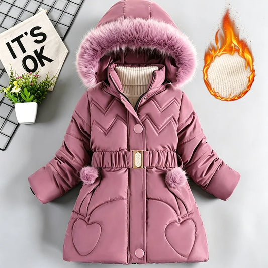 4 5 6 8 10 Years Winter Girls Coat Keep Warm Thicken Kids Jacket Hooded Zipper Fur Collar Princess Outerwear Children's Clothing