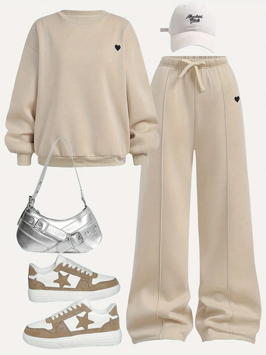 Children's Clothing for Girls, Autumn Outfit Set, Girls' Round-Neck Pullover and Wide-Leg Pants Set, Girls' Round-Neck Sweatshirt and Sports Sweatpants Two-Piece Set, Solid Color Stylish Clothes
