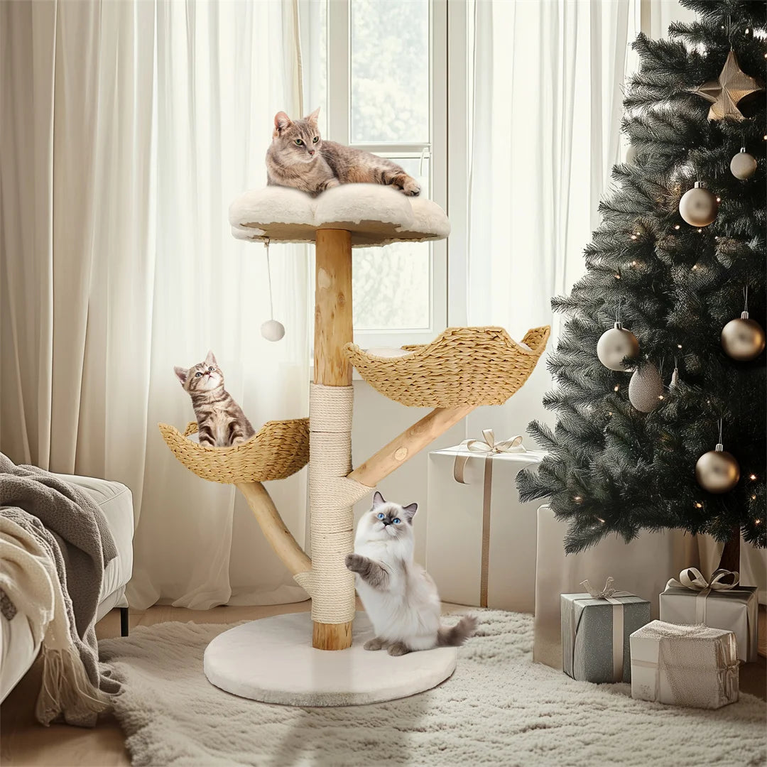 110cm Modern Cat Furniture Climbing Tree Solid Wood Activity Center with Scratching Post for Kitty