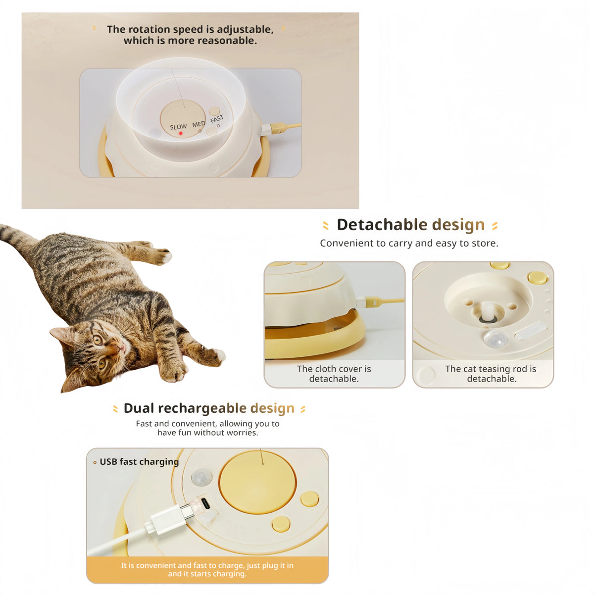 USB Rechargeable Interactive Cat Teaser Toy 3-in-1 with 360° Rotating Feathers Mandala Pattern Plastic Design 1200mAh Battery Ca