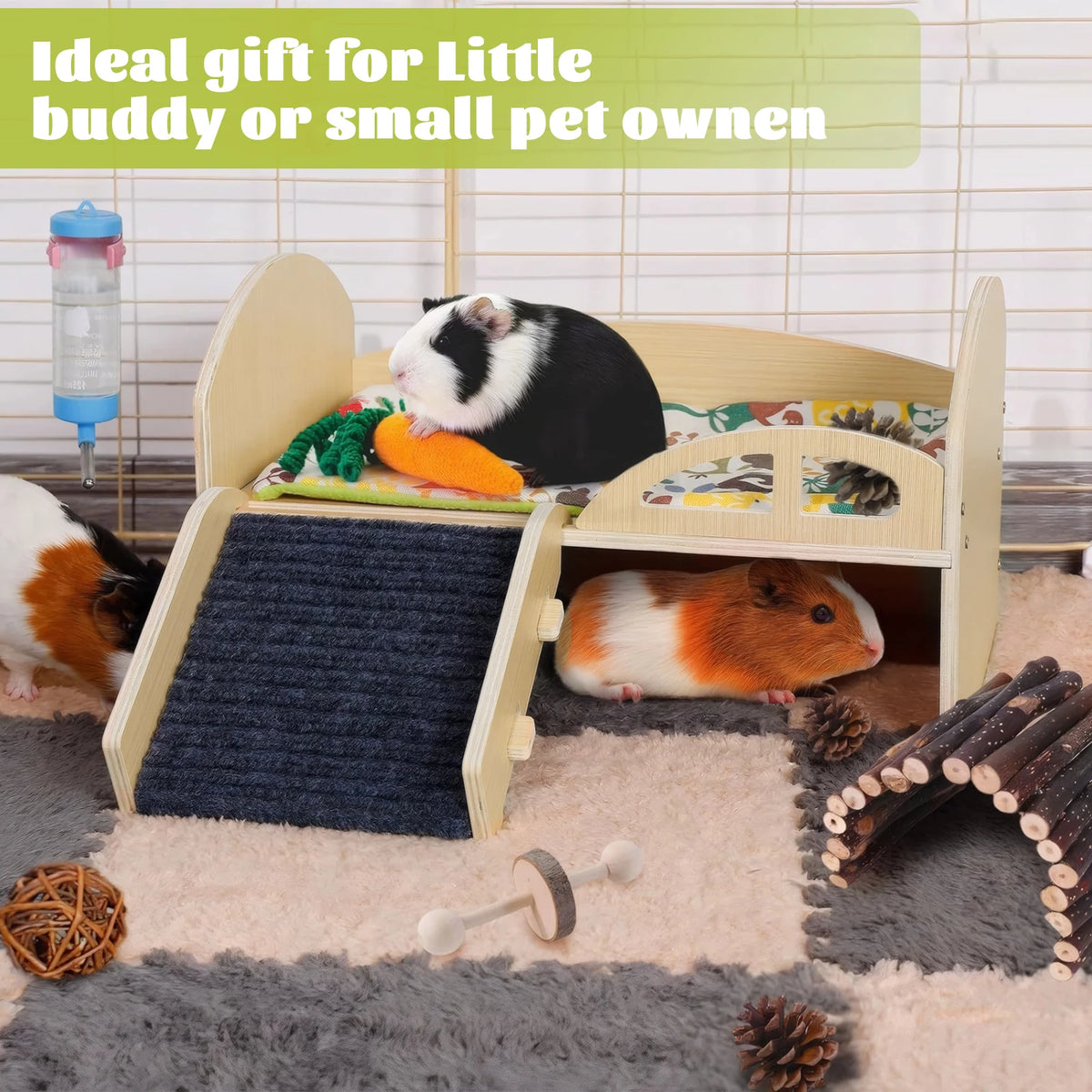 Guinea Pig Bed with Stable Stairs & Mat Wooden Small Animal Bed Anti-Slip Guinea Hideout Platform for Hamsters Bunny Chinchillas