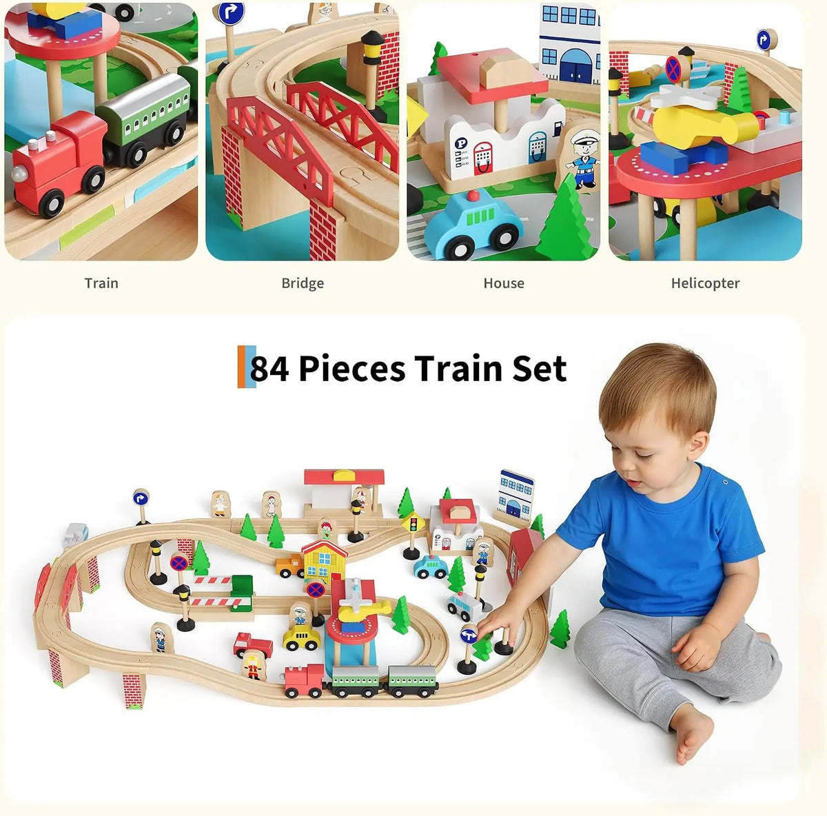 84Pcs/set Wooden Train Table Playset Multi Play Activity Table with Railway Tracks Toy Trains Bridges City Scenery & Large Storage Drawer & Natural Finish for Toddlers