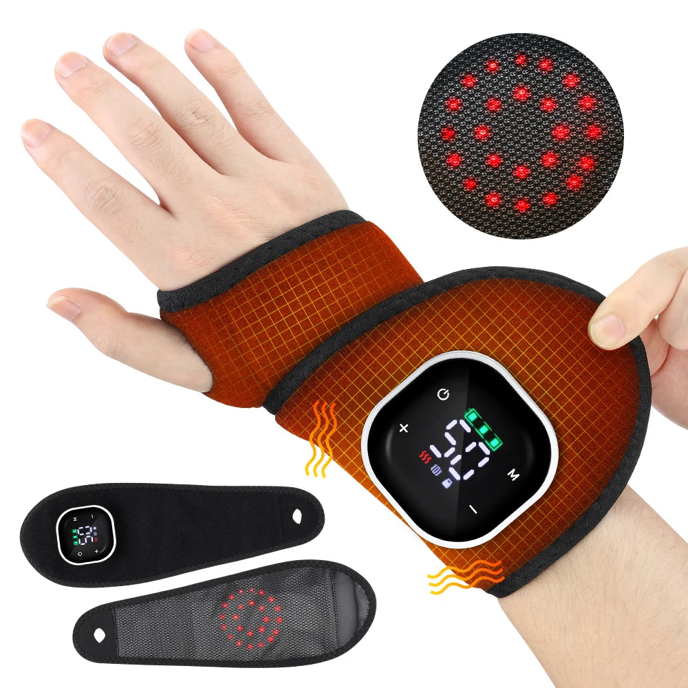 Rechargeable Heated Wrist Brace for Left/Right Hand 5 Levels Hot Compress 3 Levels Vibration Red Light Wrist Massager Wrap
