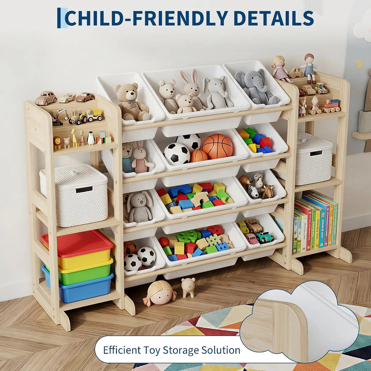 52.3" Wide Wood Toy Storage Cabinet with 12 Bins & 6 Shelves – Kids Bookshelf Organizer for Playroom, Bedroom, and Living Room