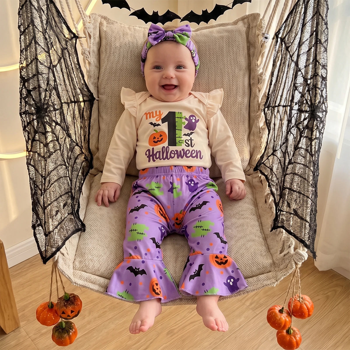 Toddler Kid Clothes Girls Halloween Long Sleeve Romper Ghost Pumpkin Print Pants Headband Set Clothing