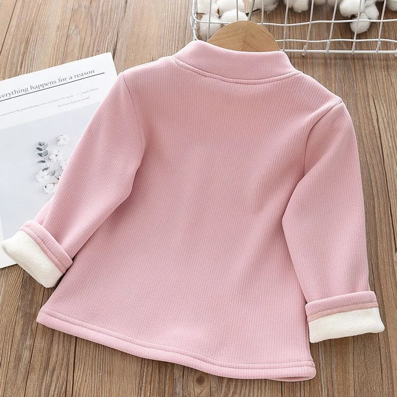 1pcs Children's T-Shirts Rabbit Embroidery Velvet warm top Kids Half High Collar Long Sleeve Base Shirt Girls Tshirts Clothes