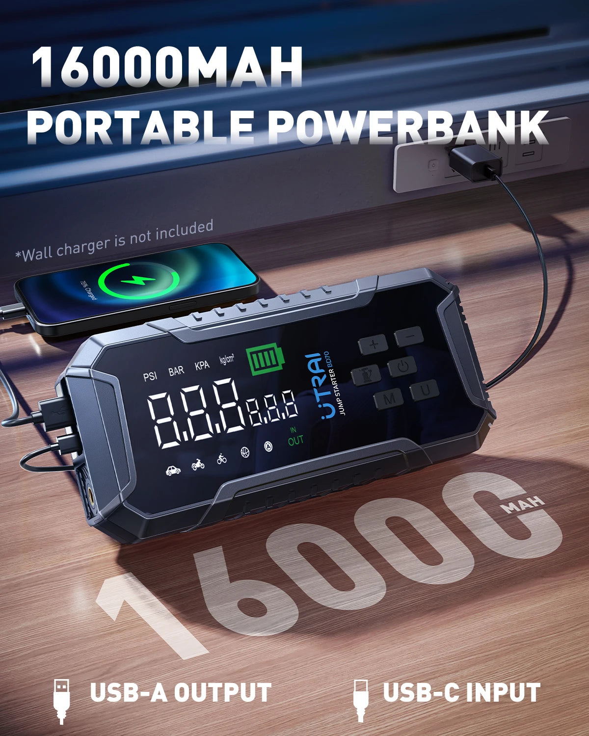 UTRAI 4000A Car Jump Starter 160PSI Air Compressor Portable Power Bank 16000mAh Car Battery Emergency Boosters Starting Device