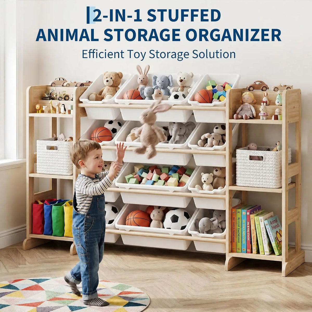52.3" Wide Wood Toy Storage Cabinet with 12 Bins & 6 Shelves – Kids Bookshelf Organizer for Playroom, Bedroom, and Living Room