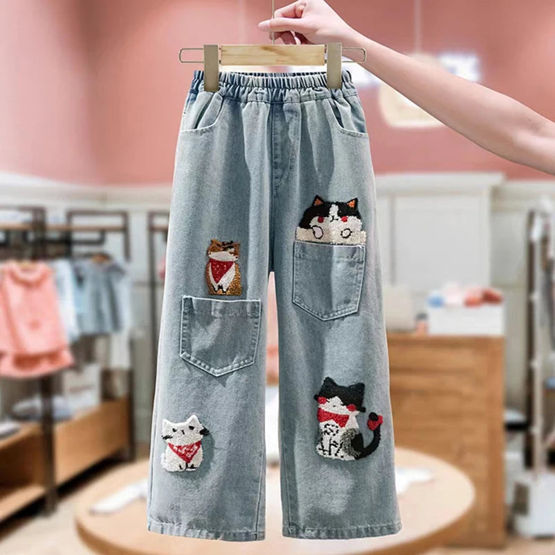 Girls Cute Cartoon Cat Embroidery Jeans 2026 New Arrival High Waist Wide Leg Baggy Denim Pants Kids Spring Autumn Casual Trouser