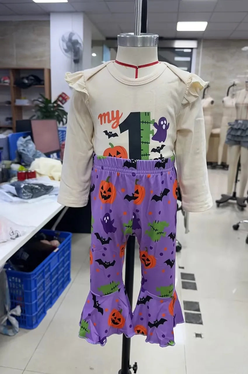 Toddler Kid Clothes Girls Halloween Long Sleeve Romper Ghost Pumpkin Print Pants Headband Set Clothing