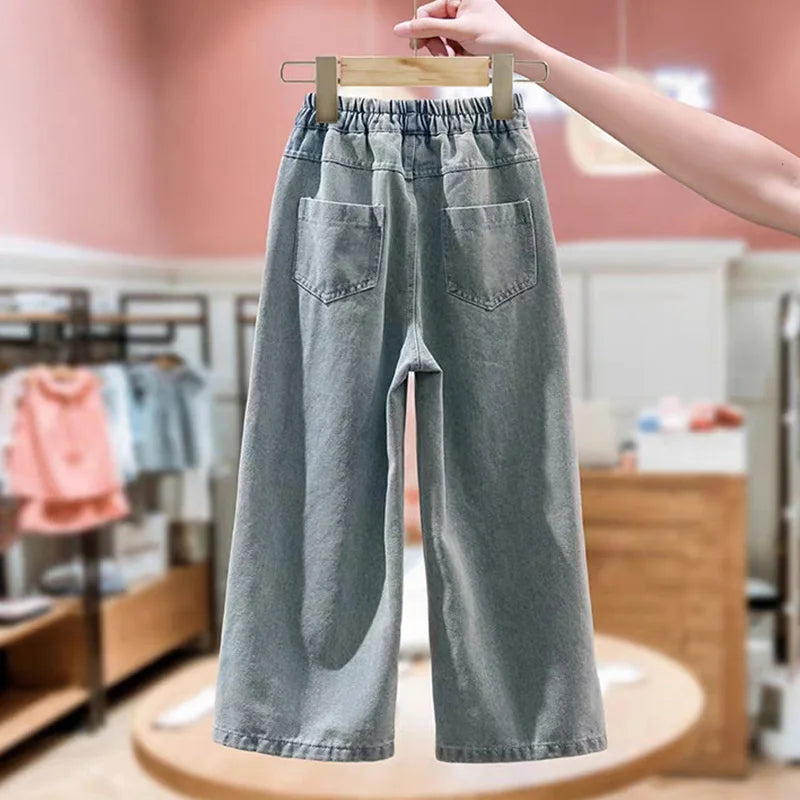 Girls Cute Cartoon Cat Embroidery Jeans 2026 New Arrival High Waist Wide Leg Baggy Denim Pants Kids Spring Autumn Casual Trouser