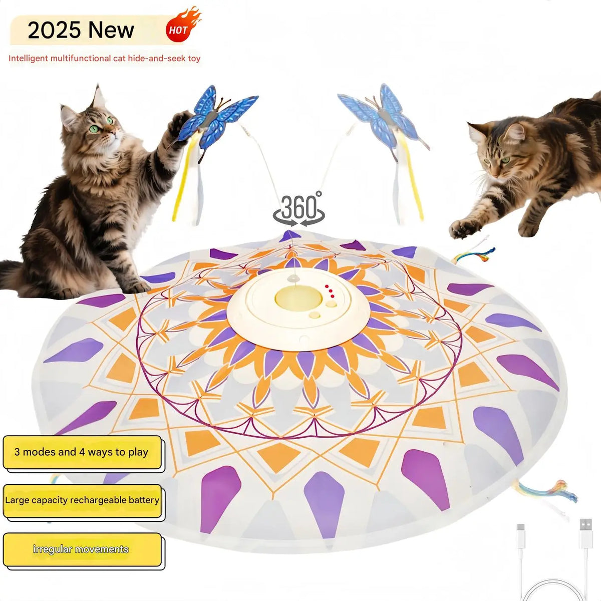 USB Rechargeable Interactive Cat Teaser Toy 3-in-1 with 360° Rotating Feathers Mandala Pattern Plastic Design 1200mAh Battery Ca