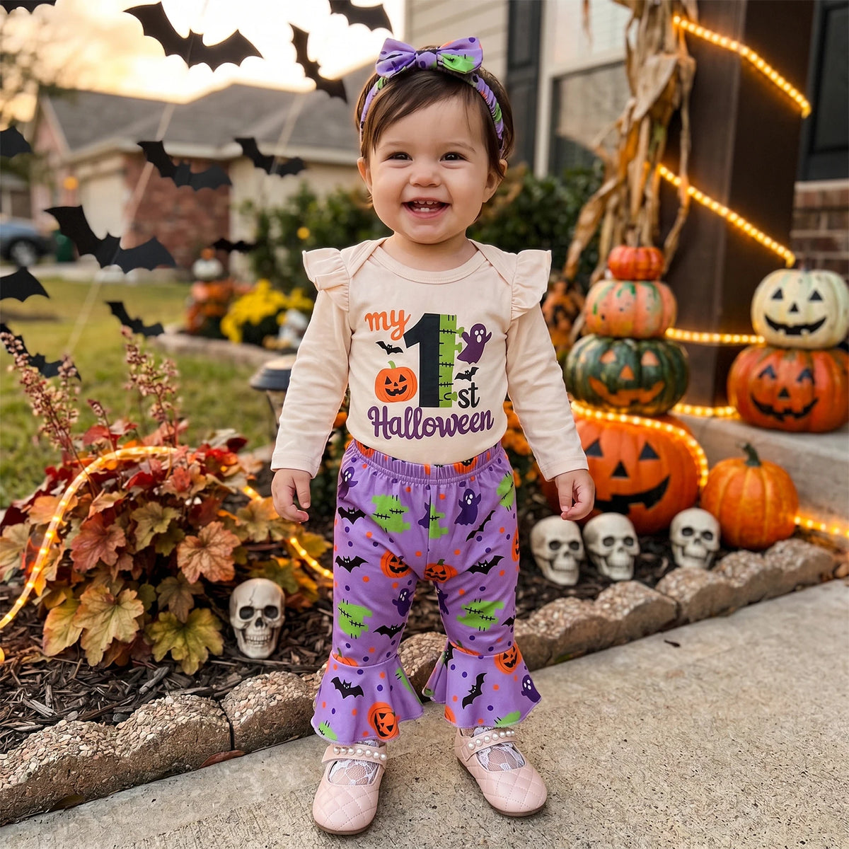 Toddler Kid Clothes Girls Halloween Long Sleeve Romper Ghost Pumpkin Print Pants Headband Set Clothing