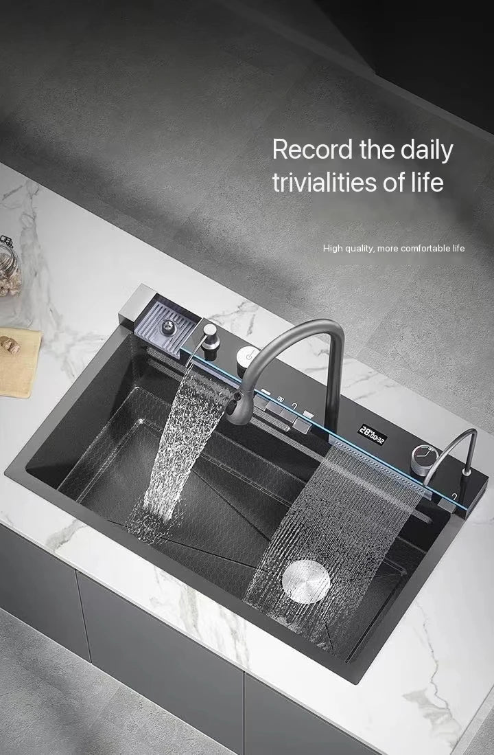 Gun Grey Waterfall Kitchen Sink Large Single Bowl Stainless Steel Digital Display Double Waterfall Honeycomb Embossed Cup Washer
