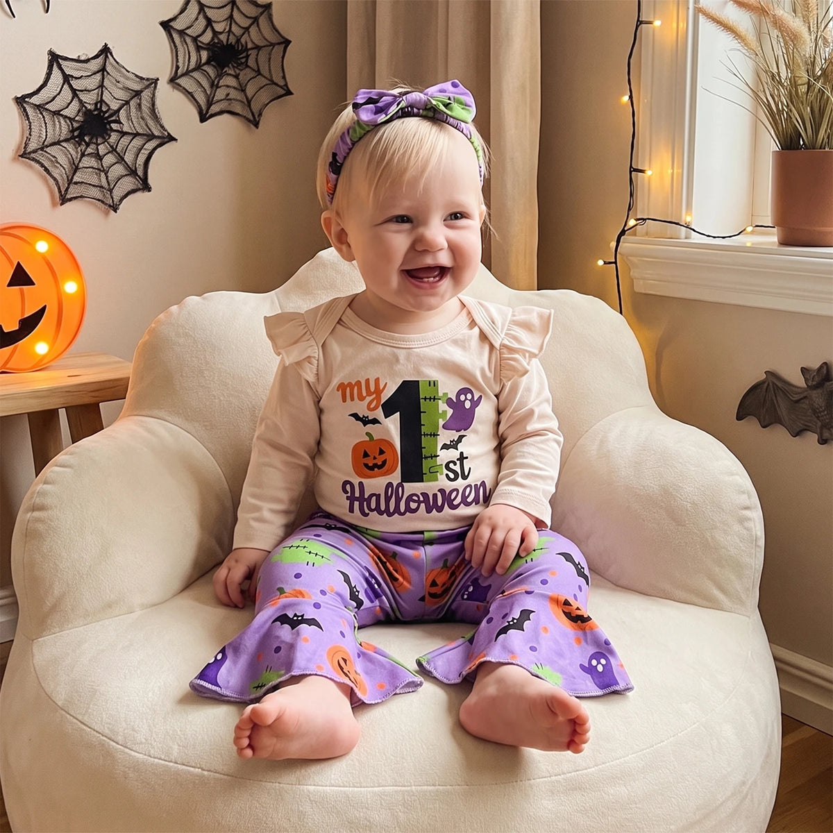 Toddler Kid Clothes Girls Halloween Long Sleeve Romper Ghost Pumpkin Print Pants Headband Set Clothing