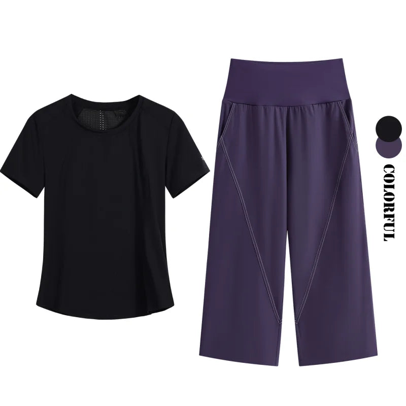 DRUR Loose Fit Summer Yoga Set Women 2 Piece Lightweight Breathable Sport Shirts Sweatpants Suit 2pcs Sportswear Outfit Yogawear
