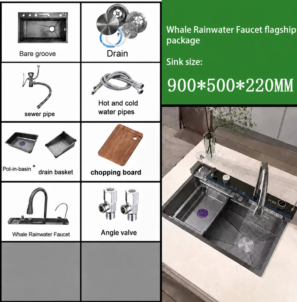 Gun Grey Waterfall Kitchen Sink Large Single Bowl Stainless Steel Digital Display Double Waterfall Honeycomb Embossed Cup Washer