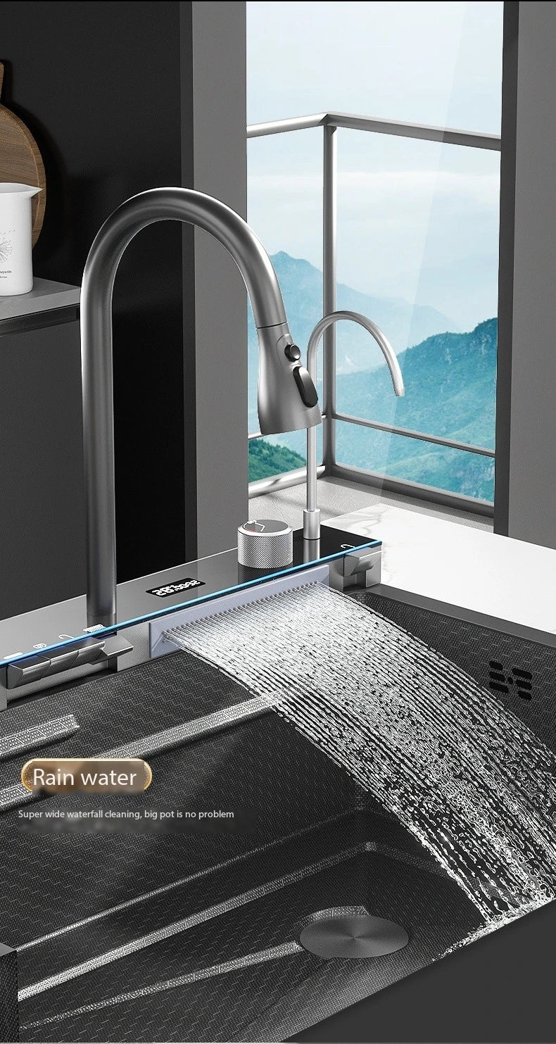 Gun Grey Waterfall Kitchen Sink Large Single Bowl Stainless Steel Digital Display Double Waterfall Honeycomb Embossed Cup Washer