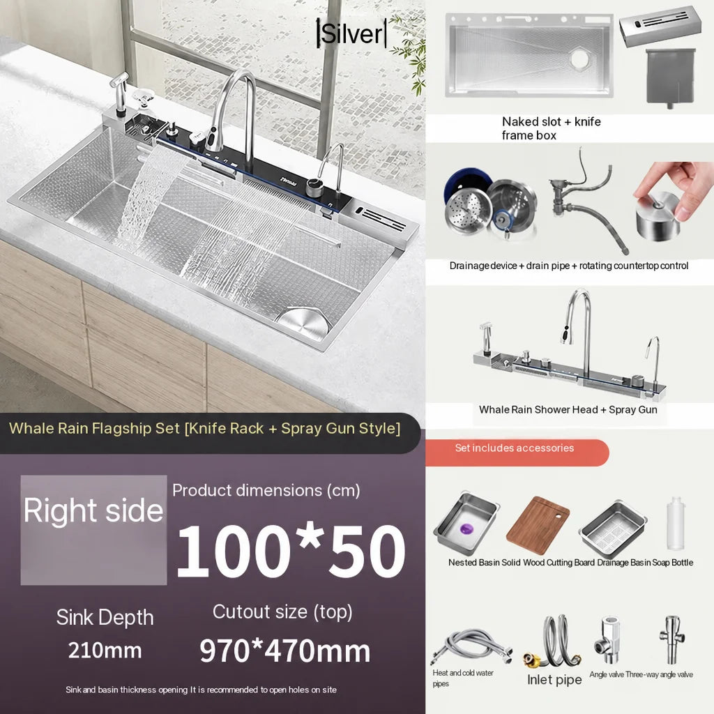 Gun Grey Waterfall Kitchen Sink Large Single Bowl Stainless Steel Digital Display Double Waterfall Honeycomb Embossed Cup Washer