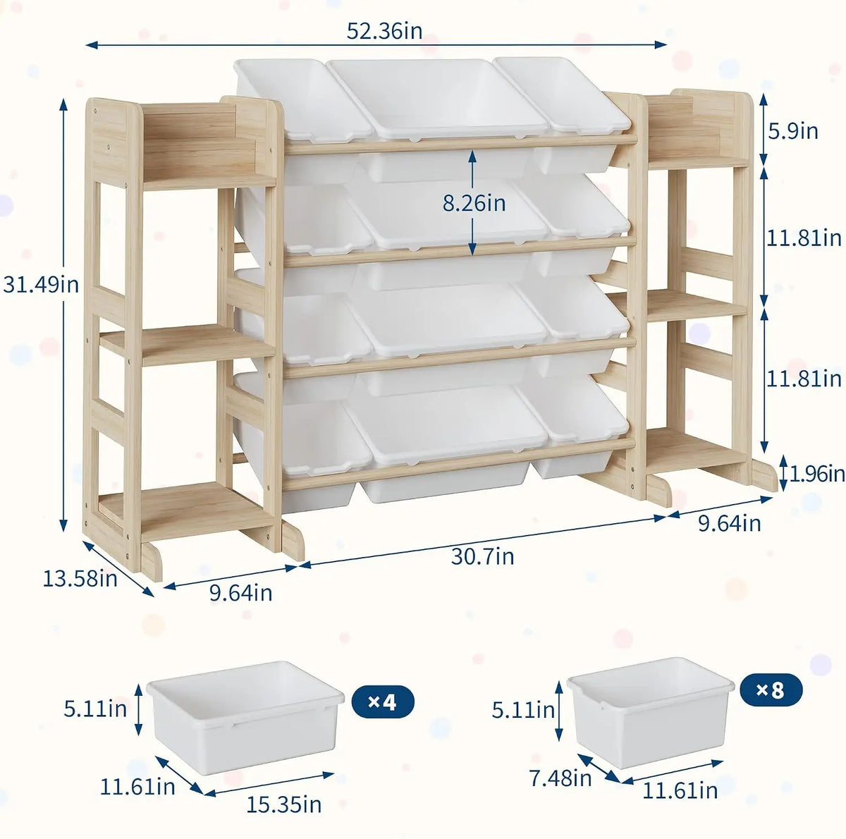 52.3" Wide Wood Toy Storage Cabinet with 12 Bins & 6 Shelves – Kids Bookshelf Organizer for Playroom, Bedroom, and Living Room