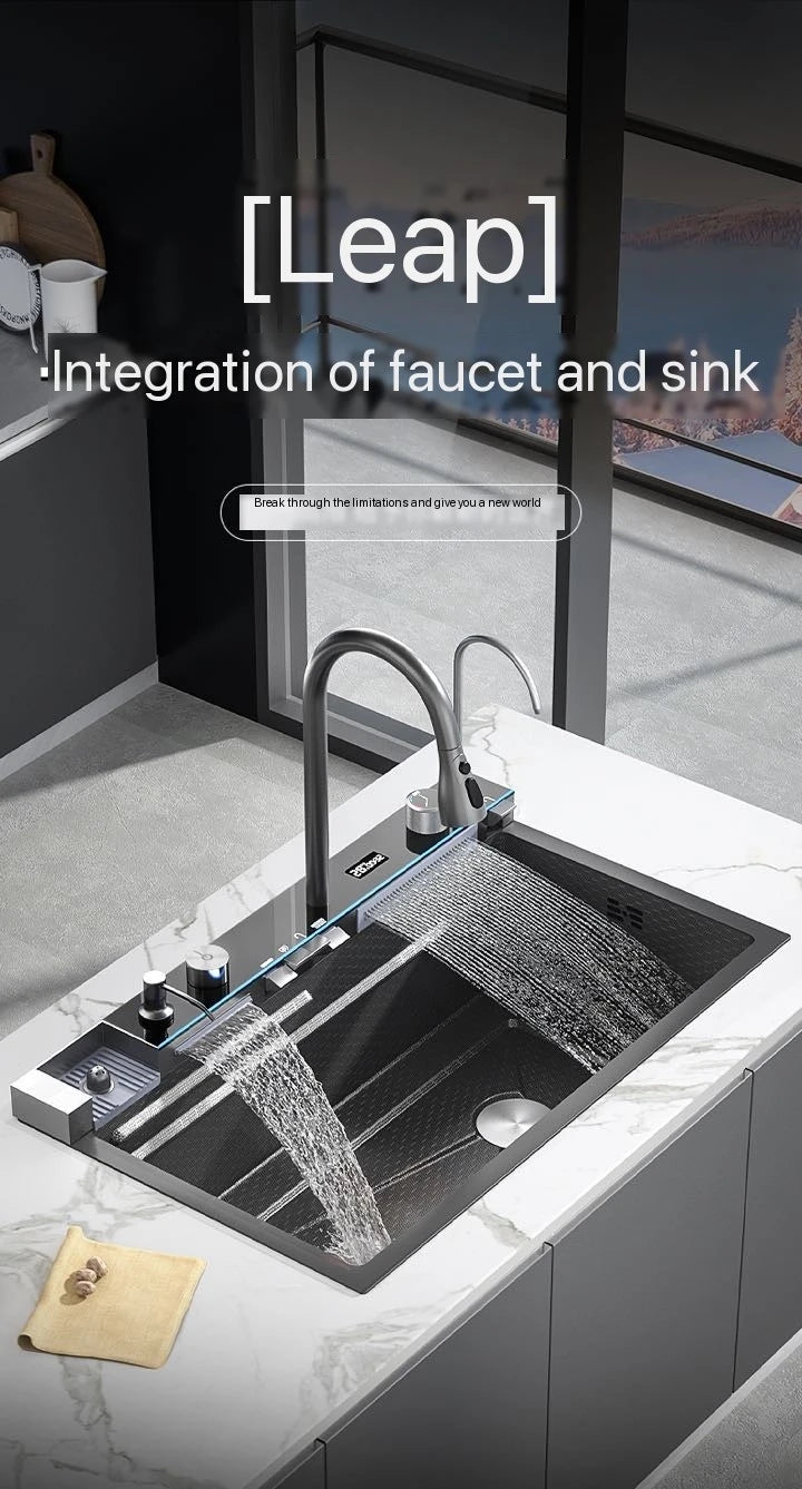 Gun Grey Waterfall Kitchen Sink Large Single Bowl Stainless Steel Digital Display Double Waterfall Honeycomb Embossed Cup Washer