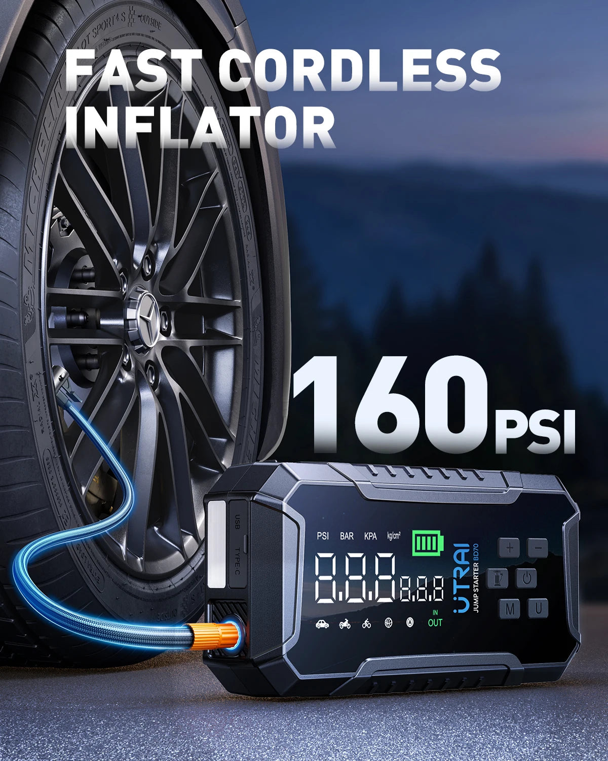 UTRAI 4000A Car Jump Starter 160PSI Air Compressor Portable Power Bank 16000mAh Car Battery Emergency Boosters Starting Device
