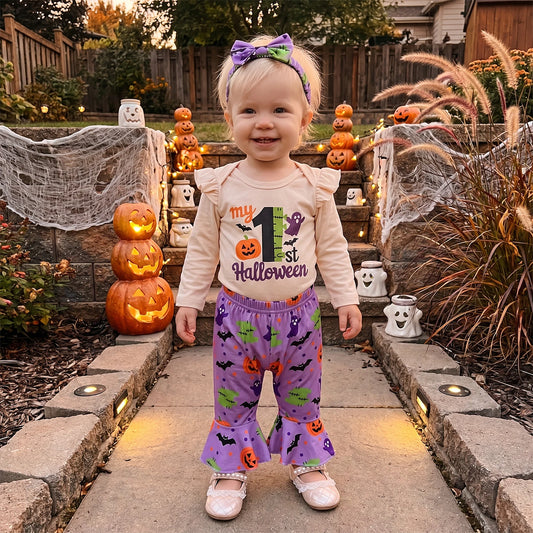 Toddler Kid Clothes Girls Halloween Long Sleeve Romper Ghost Pumpkin Print Pants Headband Set Clothing