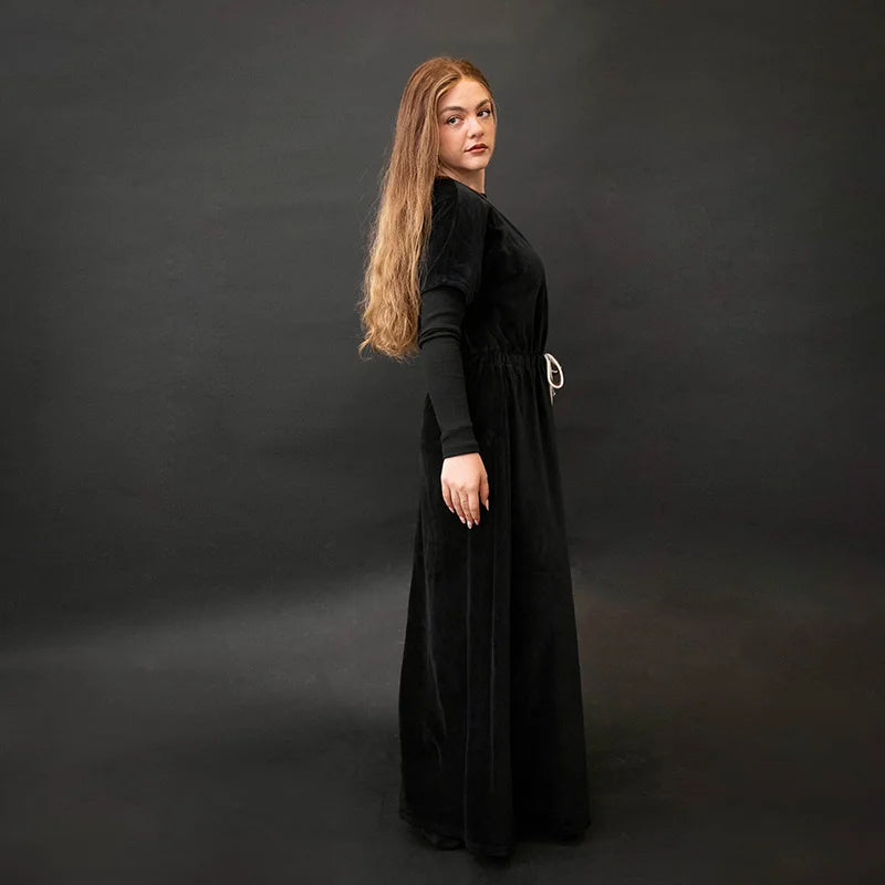 Shabbos Teen/Woman Dress Winter Robe Short Sleeves Clothing Waist 2 Cord Strings Girls Black Velour Dress Sizes XS-XXXL