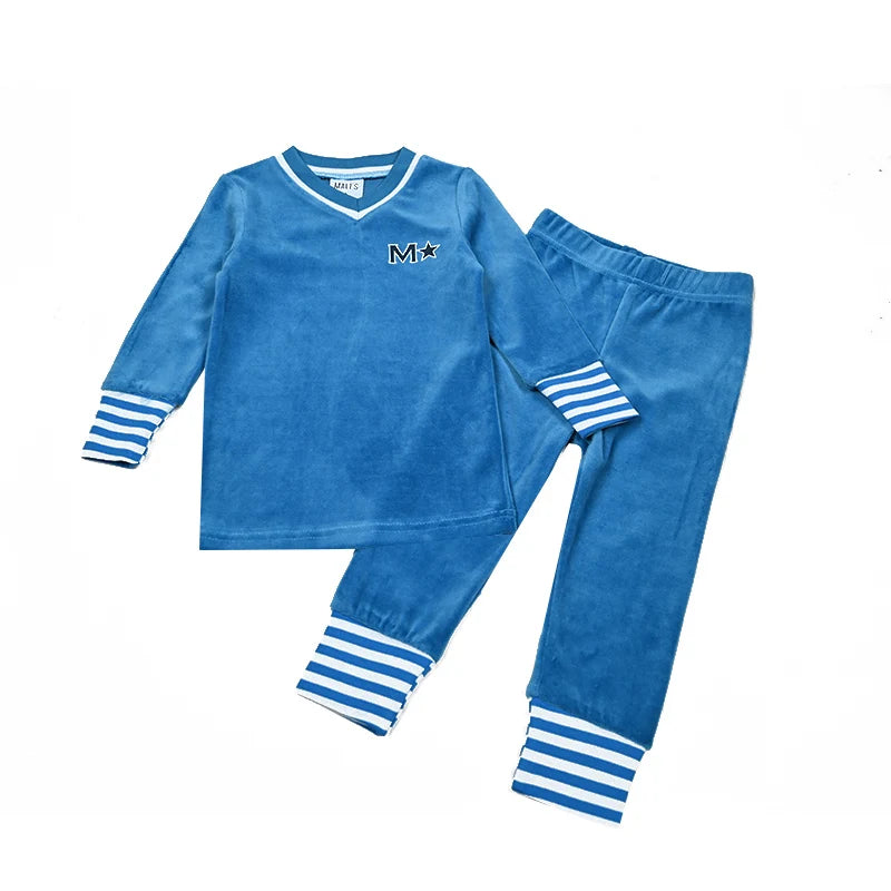 Children's Pajamas Family Matching Blue and Pink Set Girls Dress Baby Boy and Girls Romper Autumn Winter Clothes Stripes Trims