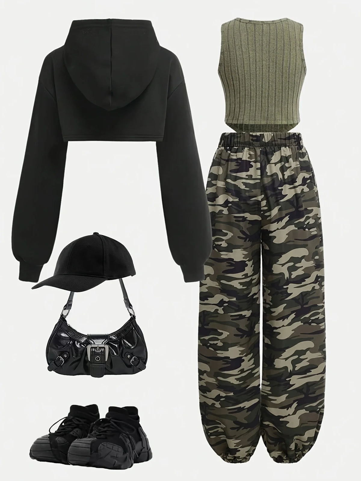 Children's Clothing: Girls' Short Hooded Sweatshirt & Fleece Ribbed Vest & Camouflage Sweatpants Three-Piece Set, Army Green Cool Girl Outfit