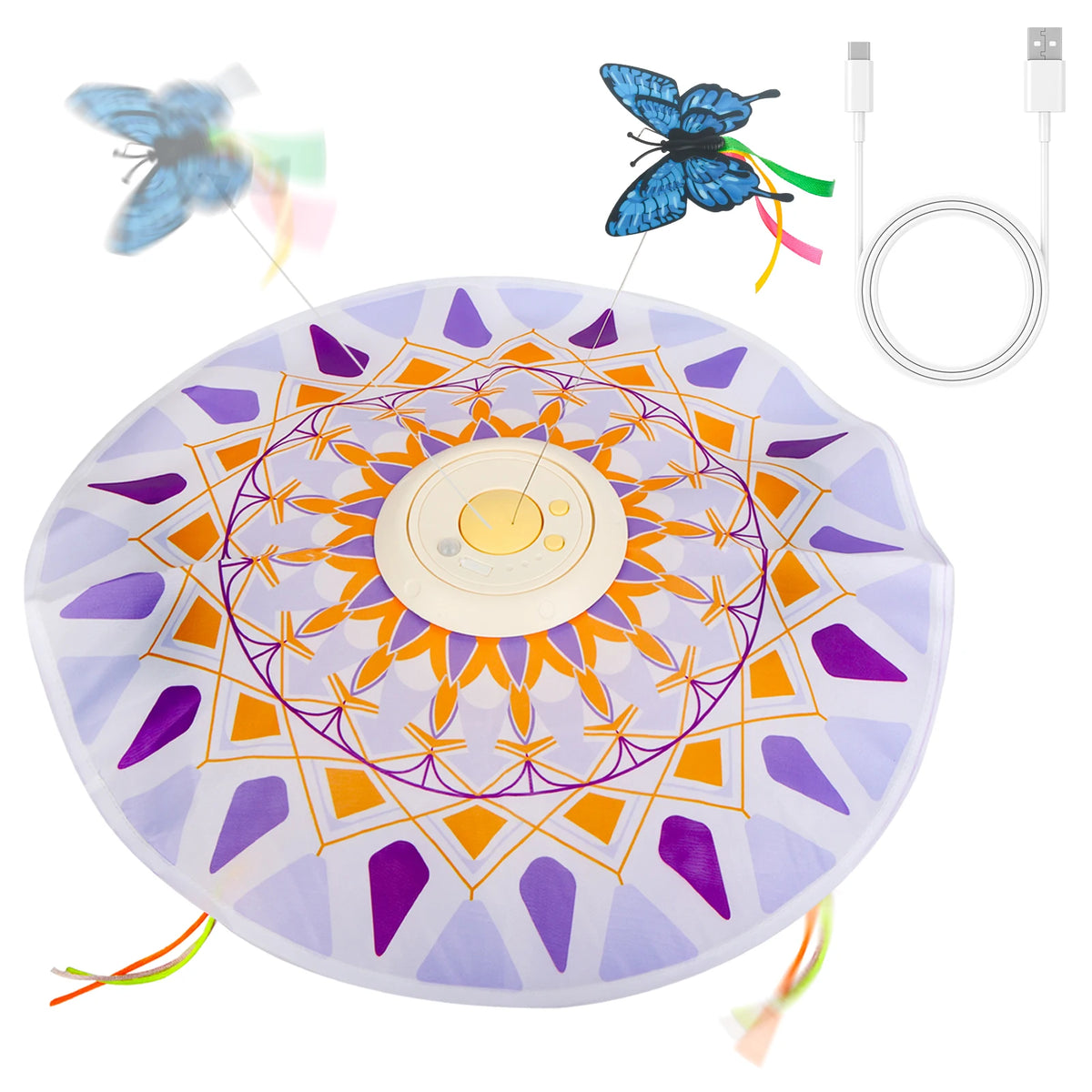 USB Rechargeable Interactive Cat Teaser Toy 3-in-1 with 360° Rotating Feathers Mandala Pattern Plastic Design 1200mAh Battery Ca