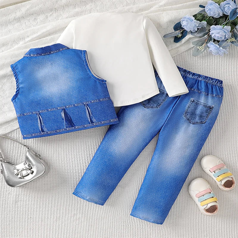Fashionable Trend Casual Spring and Autumn New Children's Set Girls Imitation Denim Vest Set Casual Long Pants Three-Piece Set