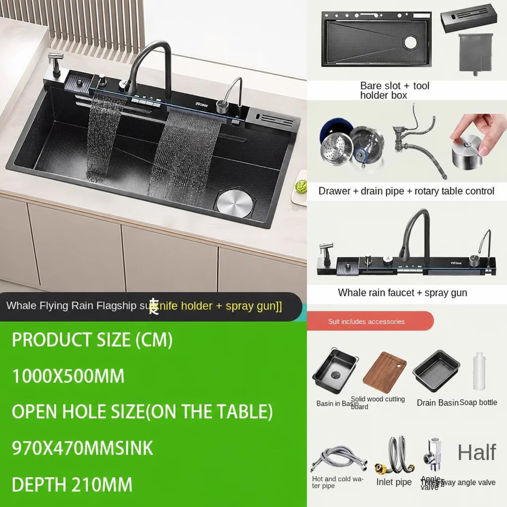 Gun Grey Waterfall Kitchen Sink Large Single Bowl Stainless Steel Digital Display Double Waterfall Honeycomb Embossed Cup Washer