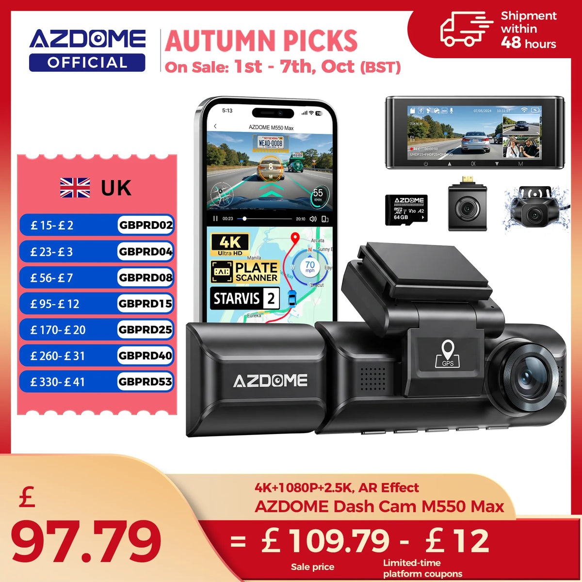 AZDOME 4K Dash Cam M550 Max Built-in GPS Wifi Camera Car DVR 3.18”Screen Night Vision 24H Parking Monitor Support Rear Cam