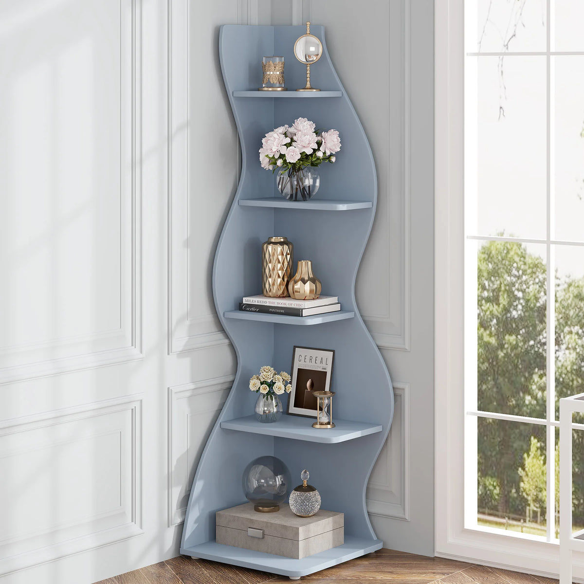 Tribesigns Corner Shelf, Modern 5-Tier Wall Corner Bookshelf, Stylish Corner Small Bookcase Storage Rack Plant Stand