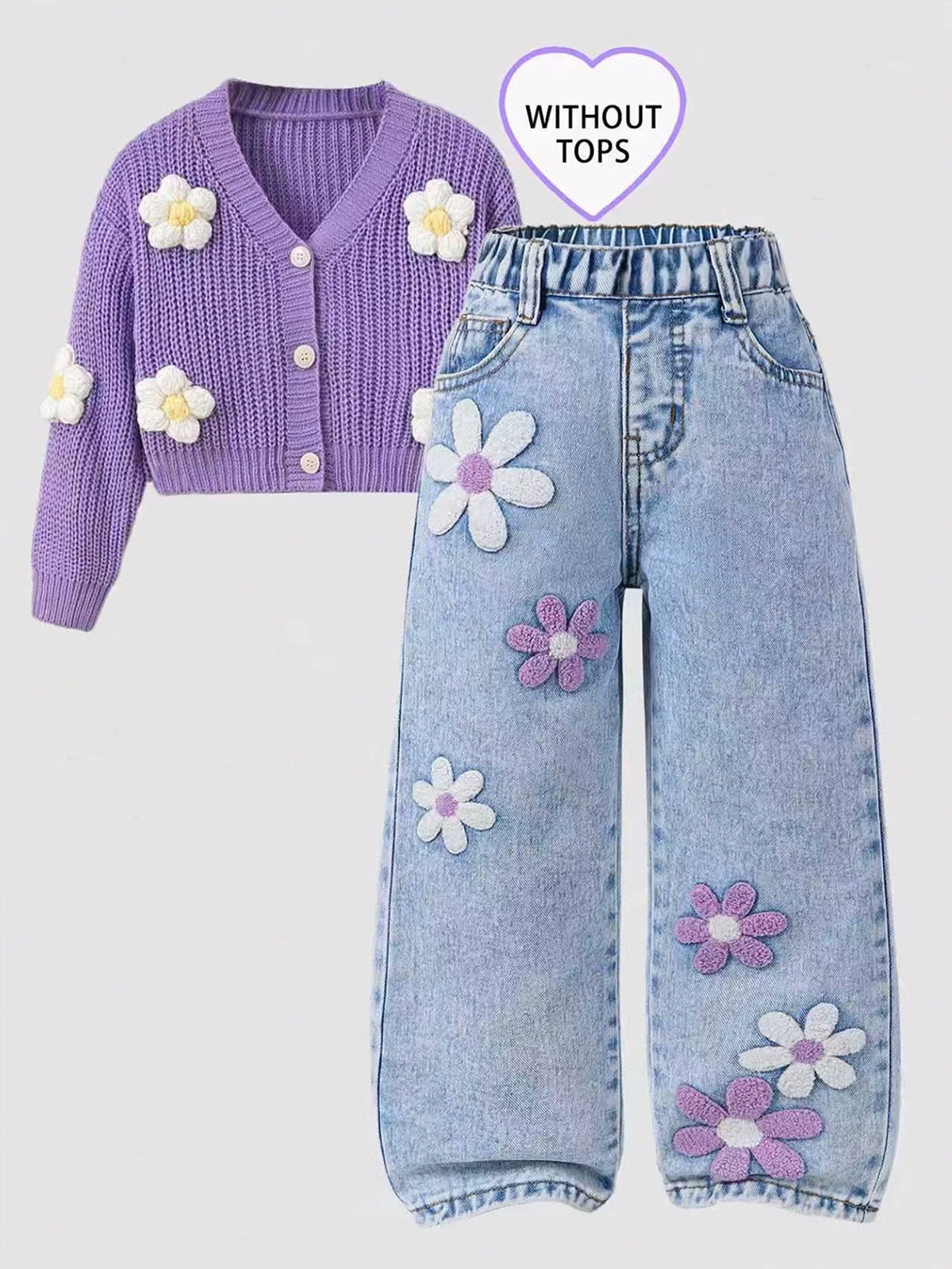 Girls' Floral-Printed Towel-Stitch Denim Jeans Trendy Loose Waist Design Versatile Casual Pants for Kids. Full Elastic Waistband