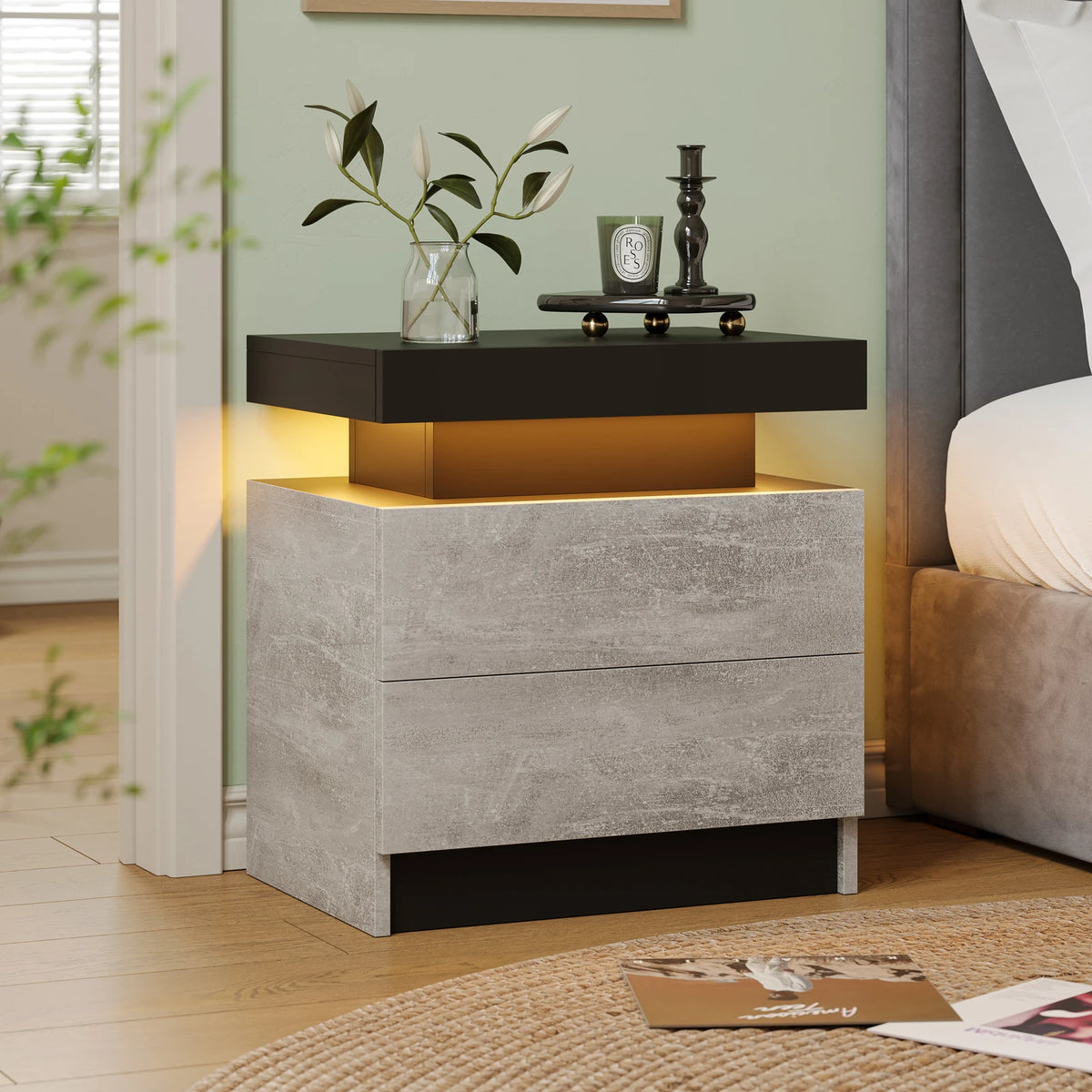 Cubehom LED Nightstands with 2 Drawers, End Table with RGB LED Lights for Bedroom Living Room, White Bedside Table