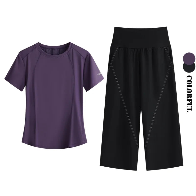 DRUR Loose Fit Summer Yoga Set Women 2 Piece Lightweight Breathable Sport Shirts Sweatpants Suit 2pcs Sportswear Outfit Yogawear