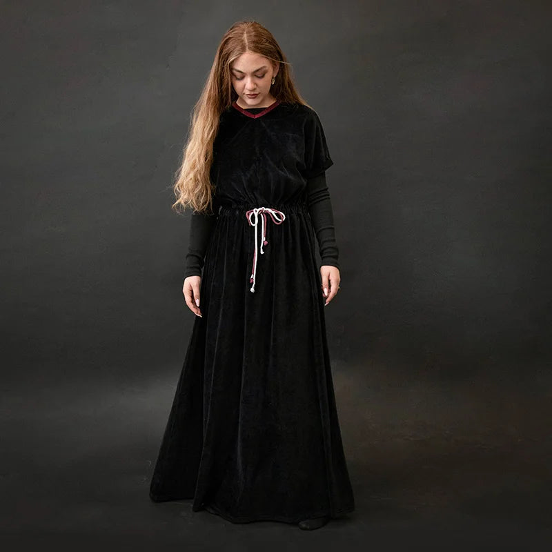 Shabbos Teen/Woman Dress Winter Robe Short Sleeves Clothing Waist 2 Cord Strings Girls Black Velour Dress Sizes XS-XXXL
