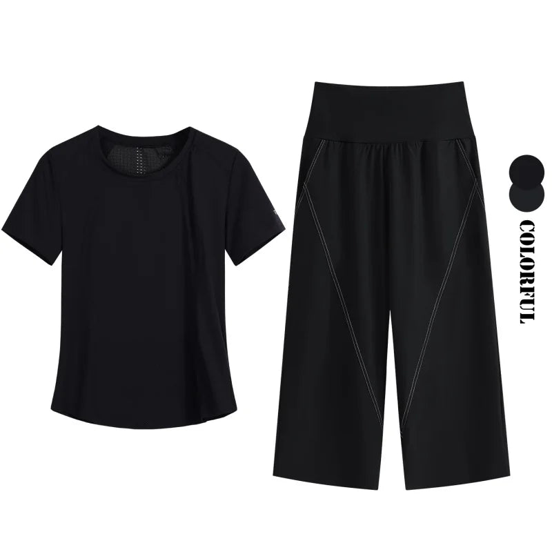 DRUR Loose Fit Summer Yoga Set Women 2 Piece Lightweight Breathable Sport Shirts Sweatpants Suit 2pcs Sportswear Outfit Yogawear