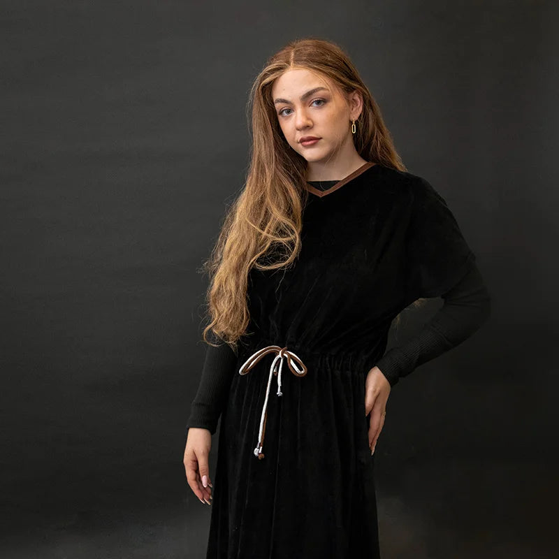 Shabbos Teen/Woman Dress Winter Robe Short Sleeves Clothing Waist 2 Cord Strings Girls Black Velour Dress Sizes XS-XXXL