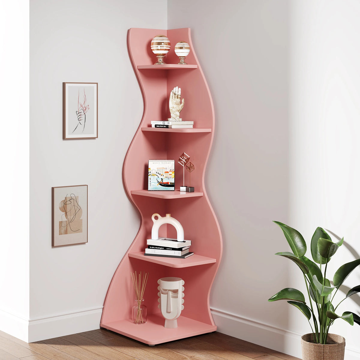 Tribesigns Corner Shelf, Modern 5-Tier Wall Corner Bookshelf, Stylish Corner Small Bookcase Storage Rack Plant Stand
